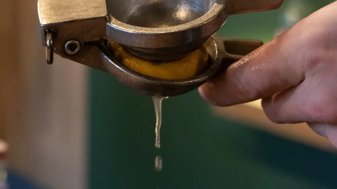 A bartender squeezing a lemon through a hand press into a cocktail shaker