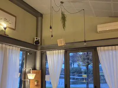 A tall dining room with a pendant light, white walls and curtained glass doors onto a park