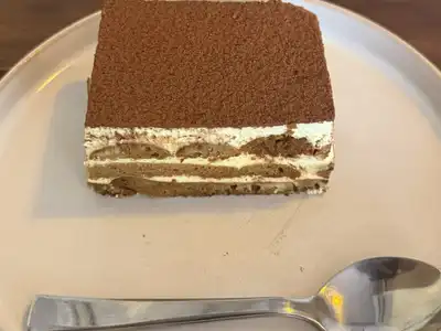 A square of tiramisu dusted with cocoa on a pale plate with a spoon